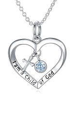 teensy silver cross baby March birthstone necklace